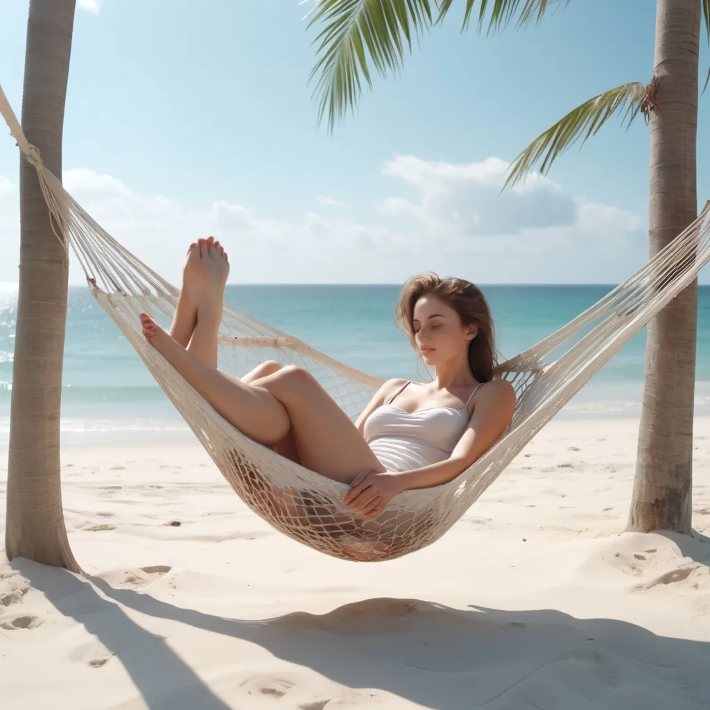 Prompt: a beautiful woman in a hammock on the beach with an ocean view.  pale color.  ultra hd realistic