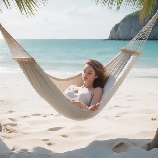 Prompt: a beautiful woman in a hammock on the beach with an ocean view.  pale color.  ultra hd realistic