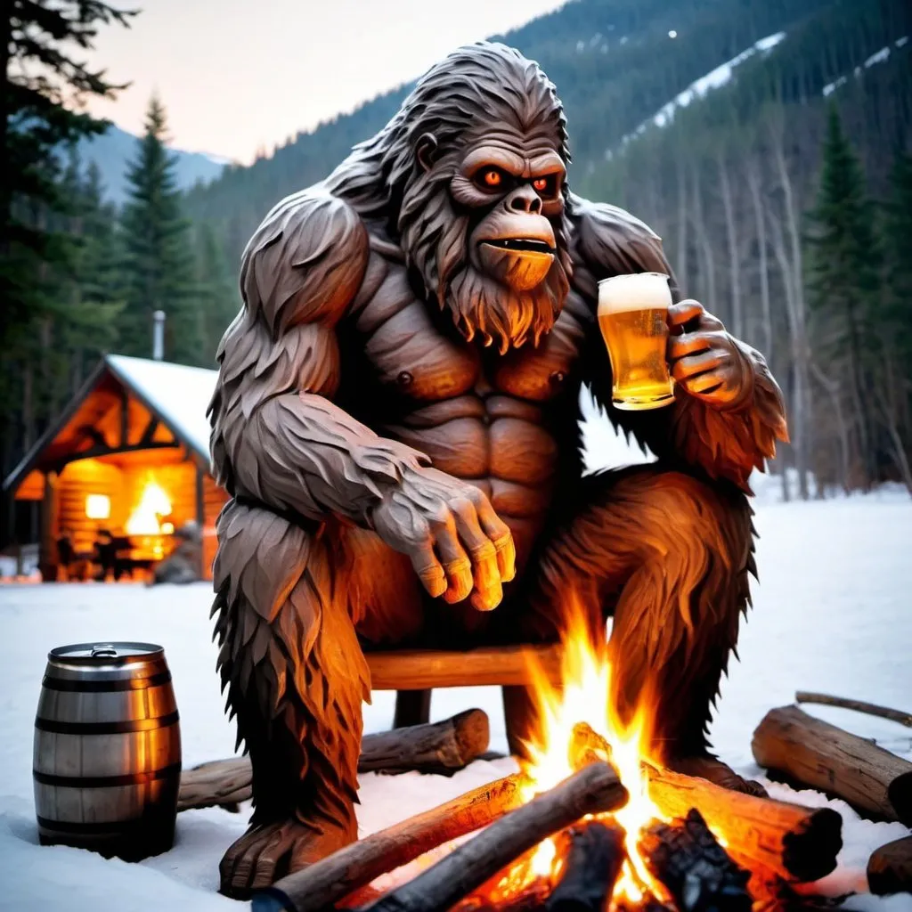 Prompt: Sasquatch drinking a beer by the fire
