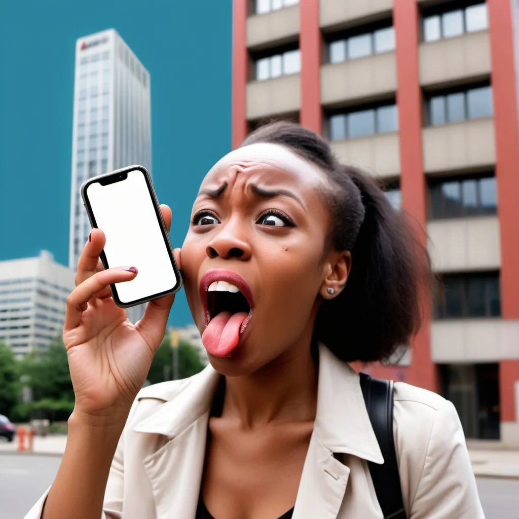 Prompt: a woman making a funny face while holding a cell phone to her ear and sticking out her tongue with a building in the background, Chinwe Chukwuogo-Roy, neoplasticism, adobe photoshop, a photocopy