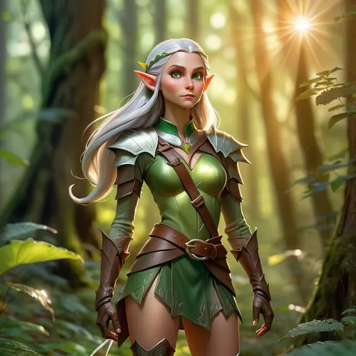 Prompt: This is a highly detailed, digital fantasy artwork depicting a female elf standing in a sunlit forest. The elf has long, flowing silver hair and pointed ears, with fair skin and a focused expression. She is dressed in a green, form-fitting long-sleeve tunic with metallic shoulder armor and a brown leather belt that crosses her chest, securing a short, green, leaf-patterned skirt. Her outfit is complemented by brown leather gloves and thigh-high brown leather boots. A green headband with a small gem adorns her hair. The forest background is lush and vibrant, with tall trees and dense foliage, bathed in warm sunlight that filters through the canopy, creating a glowing, ethereal atmosphere. Sun rays burst from the top right corner, adding a magical, almost heavenly light to the scene. The elf's stance is strong and confident, with her hands resting at her sides. The texture of her armor is metallic and polished, contrasting with the soft, natural textures of her clothing and the forest surroundings. The overall style of the artwork is realistic yet fantastical, with a high level of detail and a magical, enchanting ambiance.
