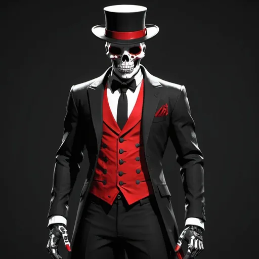 Prompt: Red and black suit
2 Black and white revolvers
A glitchy Katana on the back
Black and red tophat
Skull mask
Male
Glitching
