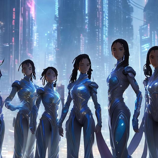 Prompt: Five female avatar warriors with different coloured flowing ankle length hair holding long glowing light cyber blades opposite a futuristic city of radiant transparent pearl buildings