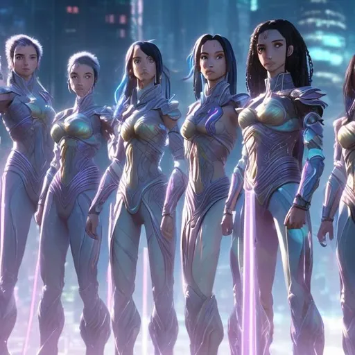 Prompt: Five female avatar warriors with different coloured flowing ankle length hair holding long glowing light cyber blades opposite a futuristic city of radiant transparent pearl buildings