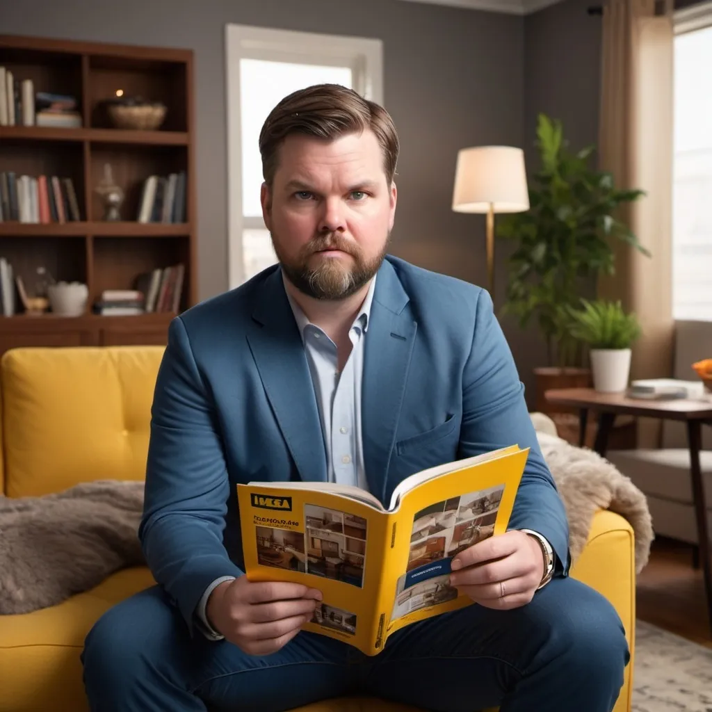 Prompt: JD Vance with beard reading an Ikea catalog like a playboy centerfold