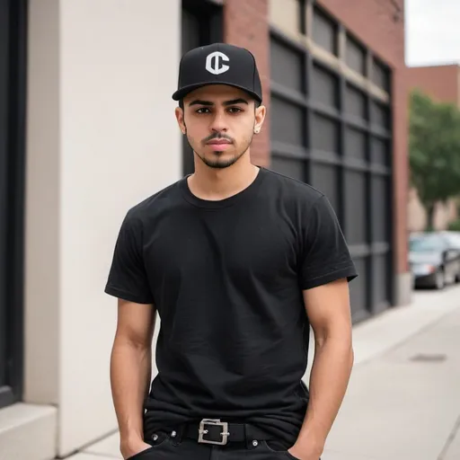 Prompt: A young light skin  middle eastern American man wearing a black T-shirt and a black new era hat backwards, and black slim straight jeans with classic black and converse 