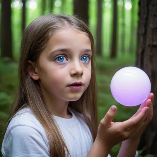 Prompt: blue eyed 10 years old girl talking with the small white sphere in the forest lightened in light purple color