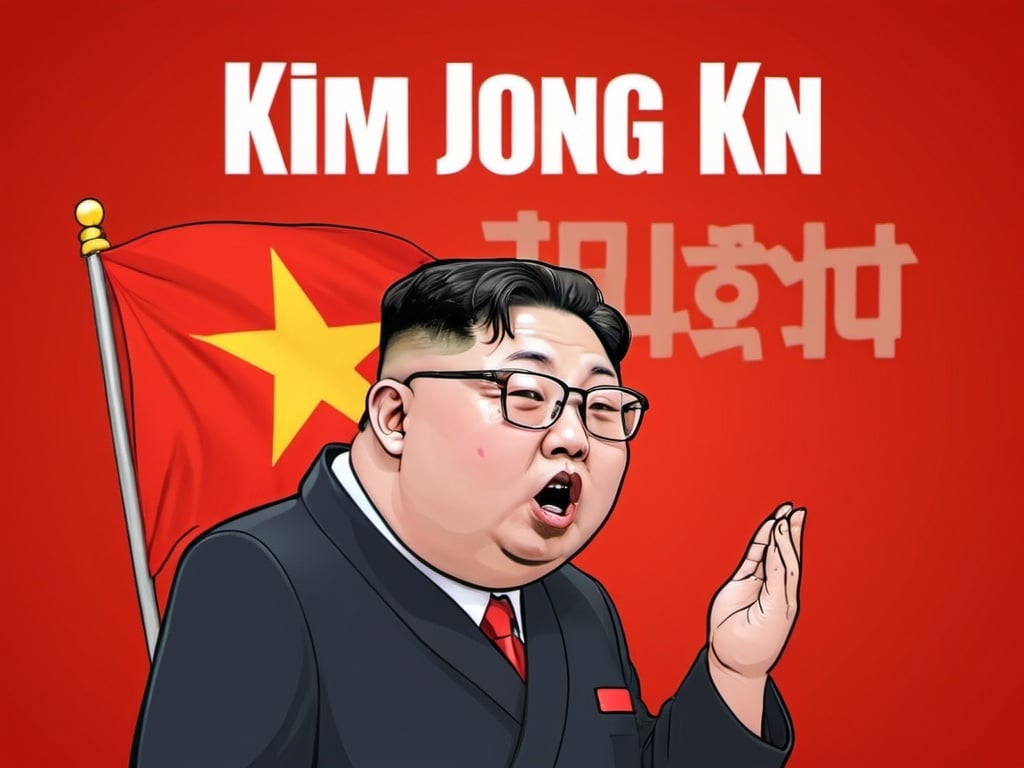 Prompt: Kim Jong Un retard ugly, funny cartoon face logo for crypto, retardio logo with korea flag in background.