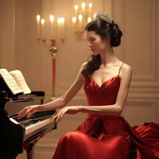 Prompt: Give me a beautiful pianist in a long red dress, with hair down to her waist, playing a beautiful piano on a piano set in a snowy candlelit room, while a glass of champagne is ordered half sitting on the piano. He had a beautiful red sash and a bow on his leg. Around the narrow waist is another red belt that matches the color of the dress. Her conspicuous black hair should be braided at the nape of her neck so that it falls gently behind the pianist. A fiercely authentic man who reflects his passion for music and the pianist himself, dressed in a buttoned-up shirt and unfastened bow tie, seem to have given up their graceful dancing for now. Both figures are slightly reflected in the snow on the ground. Use the data from a good Canon camera to shoot profiles to build. The image should be as realistic as possible.