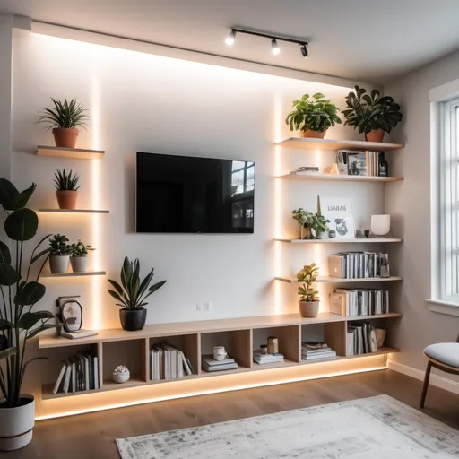 Prompt: Design a beautiful looking wall for a YouTube video that has a good GB light set up. It has a nice book shelf with some books and rexh garden on the shelf