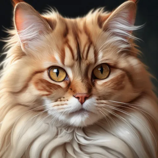 Prompt: Cat with dog-like appearance, realistic digital painting, long fluffy fur, intense and focused gaze, high-quality, detailed realism, realistic, digital painting, cat with dog-like appearance, fluffy fur, detailed eyes, professional, highres, intense gaze, realistic lighting