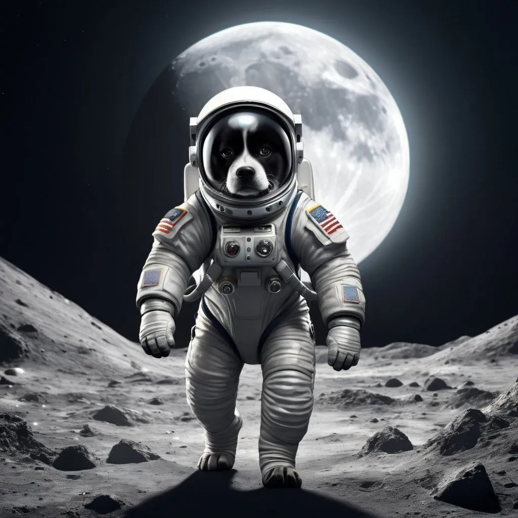 Prompt: Dog landing on the moon, digital art, lunar landscape, detailed astronaut suit, cosmic exploration, high resolution, realistic, sci-fi, lunar grey, dramatic lighting, futuristic technology, space mission, lunar surface, canine astronaut, best quality, high-res, ultra-detailed, digital art, sci-fi, lunar grey, dramatic lighting, futuristic technology