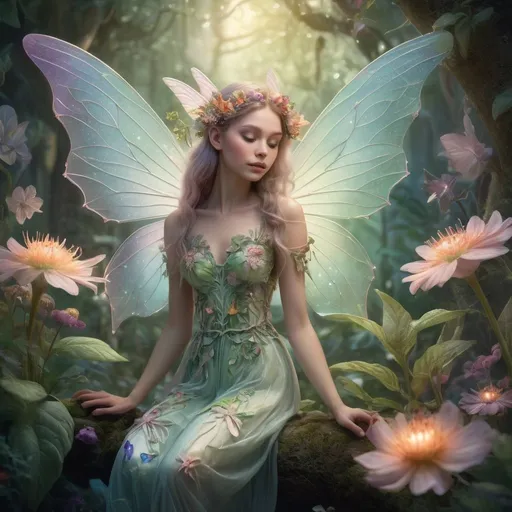 Prompt: Botanist fairy with delicate wings, magical forest setting, vibrant floral laboratory, whimsical botanical illustrations, enchanted glowing plants, high quality, detailed fantasy, fairy tale, soft pastel tones, ethereal lighting, floral fantasy, intricate details, professional artistic rendering