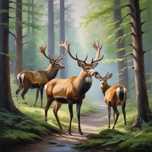 Prompt: Deers wandering in a serene forest, oil painting, lush greenery, majestic antlers, gentle demeanor, realistic, vibrant colors, natural lighting