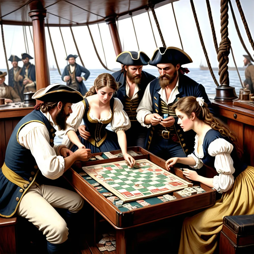 Prompt: Male and female pirates, sailors, boatpeople, ... playing board games on a boat in the 19th century
