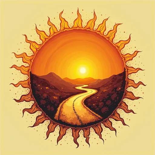 Prompt: create a logo for a band called avenue of the sun. In the logo, a winding road should be placed inside the sun. The road should travel from the bottom of the sun to the top as though it were moving away into the distance. The road should touch the circumference of the sun at the bottom and top
