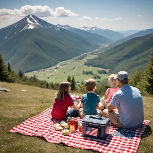 Prompt: A family having a picnic on a mountain and they’re looking at the view with their backs turned. On the picnic blanket is a lunch box open with food in it and a little US flag poking out.