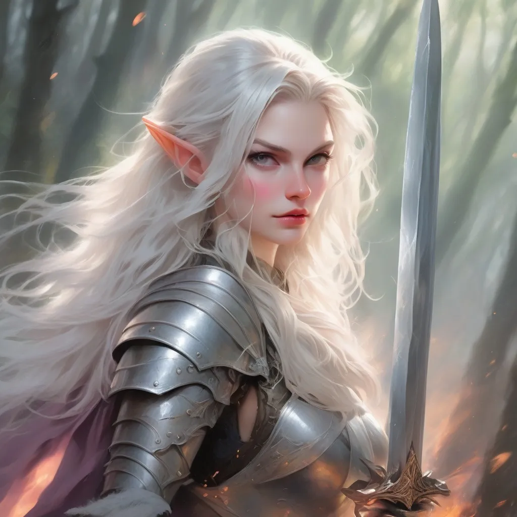 Prompt:  romance novel cover art, oil painting, painting, brush strokes, professional work, dynamic lighting, FEMALE ELF, KNIGHT, holding sword, white hair, pointed ears, ethereal,  game cover art, character, 4k