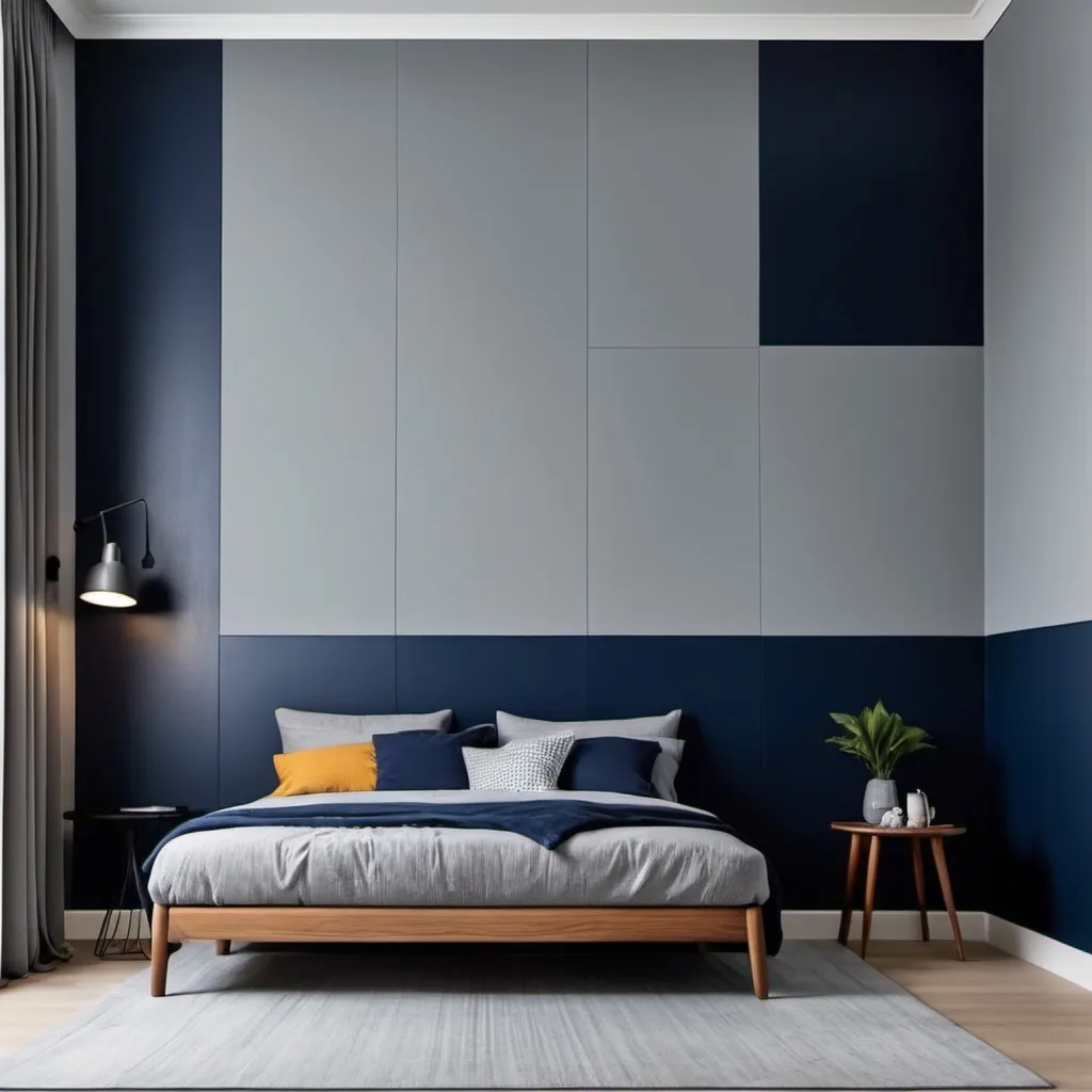 Prompt: Wall with colour grey with navy blue wooden work