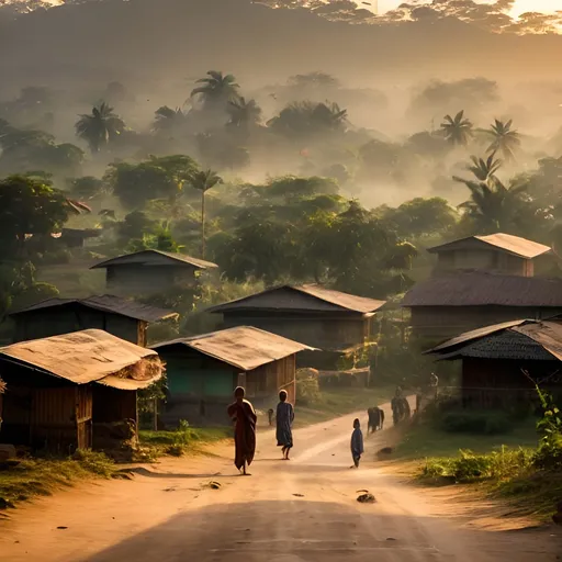 Prompt: a beautiful morning in a poor Burmese village
