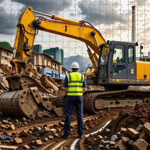 Prompt: a construction site with a large excavator and a man in a yellow vest standing in the dirt, Constant Permeke, environmental art, public works mural, a jigsaw puzzle