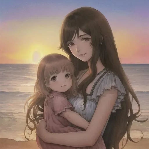 Prompt: A watercolor painting depicting a lovely 8-month-old Spanish baby girl and a Spanish mother with long hair, they are smiling on the sunset beach. 4K, --ar 3:2