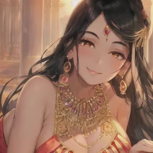Prompt: Pretty girl wearing earrings and necklace,black hair,cute pose,perfect composition,Kawaii,smiling, Indian saree dress,glossy lip,dynamic potrait,aesthetic,soft glowing,sunlight,stunning,Hindu temple,2d digital artwork,anime,mappa studio,wit studio,