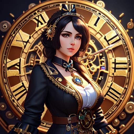 Prompt: dark haired girl wearing clothes full of ornaments, body full of steampunk clock gears mechanic, posing, full body, soft lighting, realistic, 8K, digital art, unreal engine 5