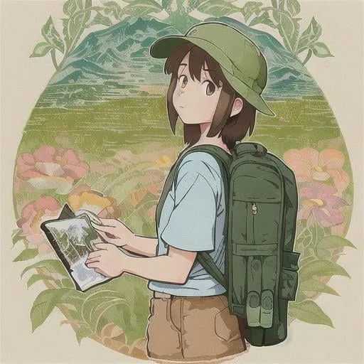 Prompt: A detailed illustration of a hiker, wearing a backpack, style cartoon, colors, two-dimensional, planar vector, character design, T-shirt design, stickers, colorful splashes, and T-shirt design, Studio Ghibli style, soft tetrad color, vector art, fantasy art, watercolor effect, Alphonse Mucha, Adobe Illustrator, hand-painted, digital painting, low polygon, soft lighting, aerial view, isometric style, retro aesthetics, focusing on people, 8K resolution, using Cinema 4D