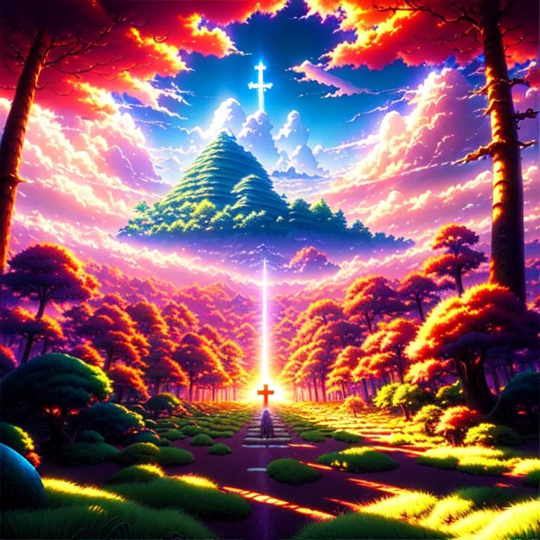 Prompt:  Extremely detailed heaven, HDR, UHD, rhads, global illumination, forest, akira toriyama, crystals, anime, cross