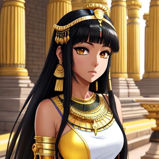 Prompt: an anime illustration inspired by the anime  artist Afukuro

Beautiful Cleopatra girl with dark skin black hair in a strait cut and big yellow eyes ,

Temple Architecture Backdrop background,

She wears a white dress


anime artwork with a realistic style, featuring detailed textures, lifelike shading, and accurate proportions,
 

16k, UHD, HDR10, 16K, ((Masterpiece)) , Absurdres,