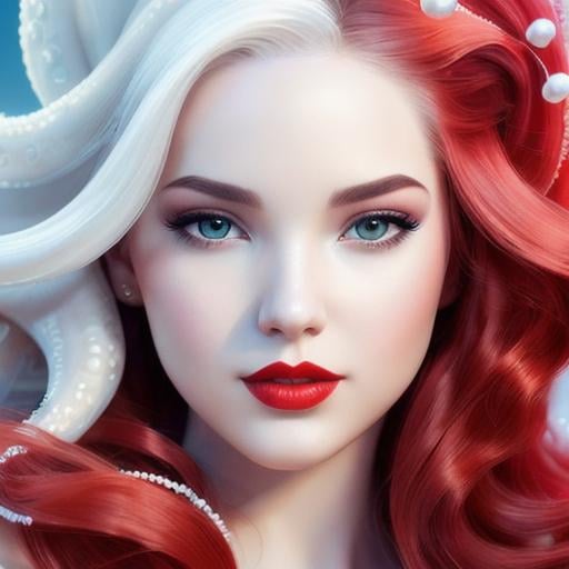 Prompt: A Exquisitely beautiful woman with a hair made of a white octopus tentacles, pale white skin, red lipstick,  cold air, soft delicate features, ultra detailed, 3d, a pixar and  disney character art by artgerm, painting by daniel f gerhartz, hyper detailed face, clear realistic eyes, octane render, ray tracing, sharp focus, uhd, 