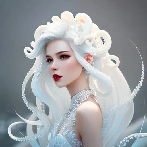 Prompt: A Exquisitely beautiful woman with a hair made of a white octopus tentacles, pale white skin, red lipstick,  cold air, soft delicate features, ultra detailed, 3d, a pixar and  disney character art by artgerm, painting by daniel f gerhartz, hyper detailed face, clear realistic eyes, octane render, ray tracing, sharp focus, uhd, 