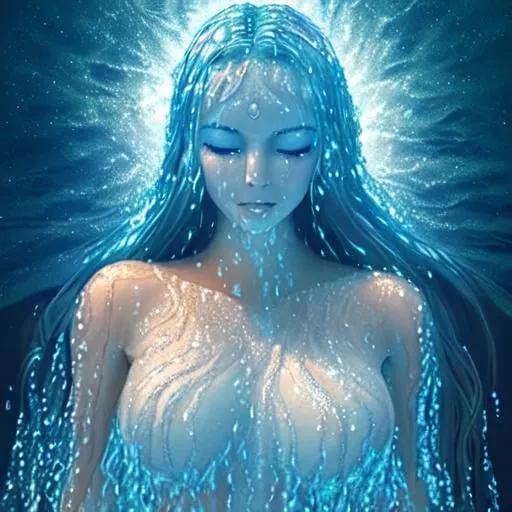Prompt: feminine great beauty  woman made of water and thin sand very beautiful physical features, full body standing on the water, in the lake, diamond head painting as waterfall cloth, wet, face and body cloth pose, rain, night sky Star halo, starry sky, wind blowing long hair, detailed gorgeous face, dreamy, glow, backlight, glamour, shimmer olumetric soft lighting warm colors 8k resolution by Greg Rutkowski, Artgerm, Alphonse Mucha dynamic lighting hyperdetailed intricately detailed Splash art trending on Artstation Unreal Engine 5 volumetric lighting