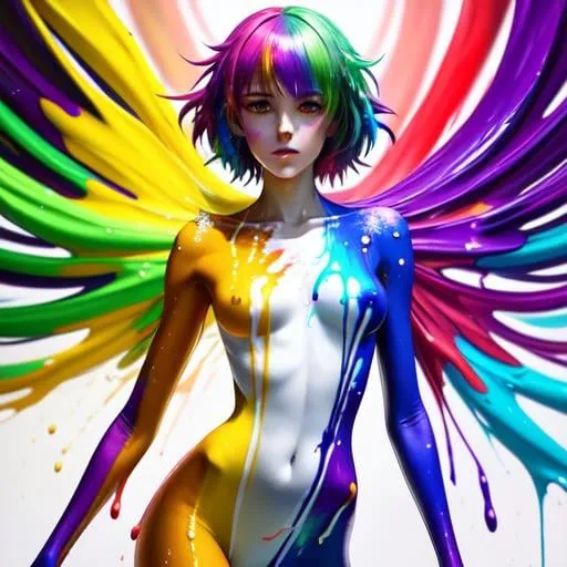 Prompt: full body anime girl drenched Very colorful oil paint spill, wonderful face, perfect body, perfect anatomy, beautiful body, trending on instagram, trending on tiktok, trending on artstation, trending on cgsociety, white sclera,
photorealistic, masterpiece, cinematic, 16k artistic photography, epic, drama, 
romance, glamour, beauty, 
cinematic lighting, dramatic lighting, insanely detailed, soft natural volumetric cinematic lighting, award-winning photography, rendering, hd, high definition, 
highly detailed