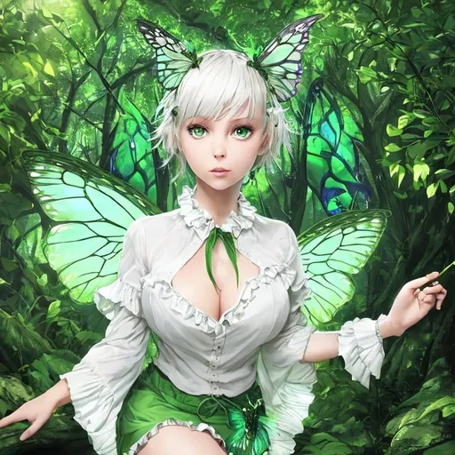 Prompt: white short hair, long braids, frill shirt, green butterfly wings, cute face, green eyes, two leaves in the hair, fairy, forest, magic, green skirt, deep cleavage