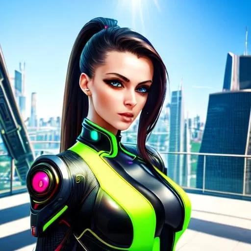 Prompt: Dynamic angle shot, masterpiece, futuristic style, bright colors, ultra realistic style, high fidelity, detailed body, skinny body, german girl, pony tail, green eyes, small cleavage, futuristic clothes, looking at camera, sunshine, futuristic back drop, 