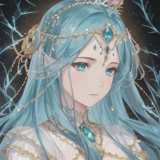 Prompt: Portrait of a beautiful and elegant jeweled face and crown Water Goddess with teal hair and with cute face,  transparent background, perfect composition, hyperrealistic, super detailed, 8k, high quality, trending art, trending on artstation, sharp focus, studio photo, intricate details, highly detailed, by greg rutkowski and BD Zhandt