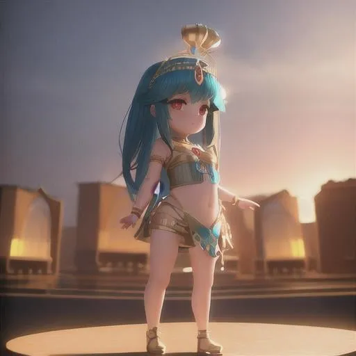 Prompt: Cute and adorable Cleopatra, female, fantasy, dreamlike, surrealism, super cute, trending on artstation , standing on stage, side profile, caricature, chibi, kawaii,3d rendering, octane rendering, volumetric light