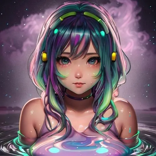 Prompt: 1 girl made of slime, slime girl, petite body shape, hyper realistic pastel color masterpiece,

beautiful, cute, kawaii anime girl,  smokey atmosphere, hyper realistic masterpiece of an anime seafoam color slime girl,

at night, twilight, evening, outside, particles visible, light from behind, hyper realistic detailed lighting, hyper realistic shadows

hyper realistic masterpiece, highly contrast water color pastel mix, sharp focus, digital painting, pastel mix art, digital art, clean art, professional, contrast color, contrast, colorful, rich deep color, studio lighting, dynamic light, deliberate, concept art, highly contrast light, strong back light, hyper detailed, super detailed, render, CGI winning award, hyper realistic, ultra realistic, UHD, HDR, 64K, RPG, inspired by wlop, UHD render, HDR render