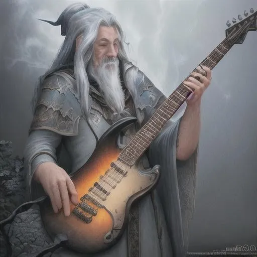 Prompt: Gandalf playing the electric guitar, smoky, space, foggy effects, super high detail, amazing masterpiece, detailed matte painting, deep color, fantastical, intricate detail, splash screen, complementary colors, fantasy concept art, 8k resolution trending on Artstation Unreal Engine 5