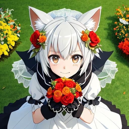 Prompt: CG, symphogear_xv, from above, close up, chromatic aberrations, masterpiece, shadows, outdoors, garden, cute, cat nose, furry, fursona, kemono, 1girls, whiskers, crying tears, fangs, halo, red eyes, scarf, hearts, wedding dress, veil, holding, flower bouquet, mittens paws, long orange hair, bandages, tattoos, thigh gap, streaked hair, ahoge, tiger_stripes, spiky tail, hair_clip, sparkly 