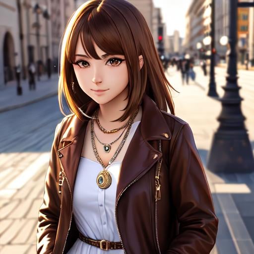 Prompt: Beauty 18 year old girl,anime,manga,necklaces,cute, brown Long Luscious Layers haircut,e-girl,64k,dynamic potrait,perfect composition,pretty eyes,Sun Dress with jacket,European city background,aesthetic,face detailed,highly detailed,soft lighting,