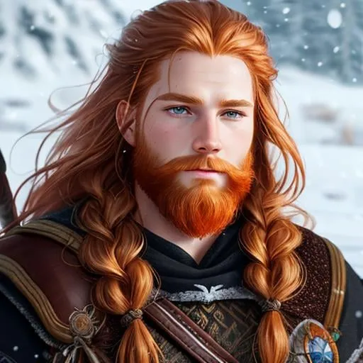 Prompt: braided ginger hair viking king, freckles, full energy, hair flowing in the wind, snow on body, snow on hair, snow on clothing, in a blizzard, fantasy world, highly detailed, half body, soft lighting, ultra realistic, 8K, digital art, unreal engine 5
