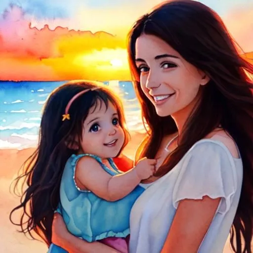 Prompt: A watercolor painting depicting a lovely 8-month-old Spanish baby girl and a Spanish mother with long hair, they are smiling on the sunset beach. 4K, --ar 3:2