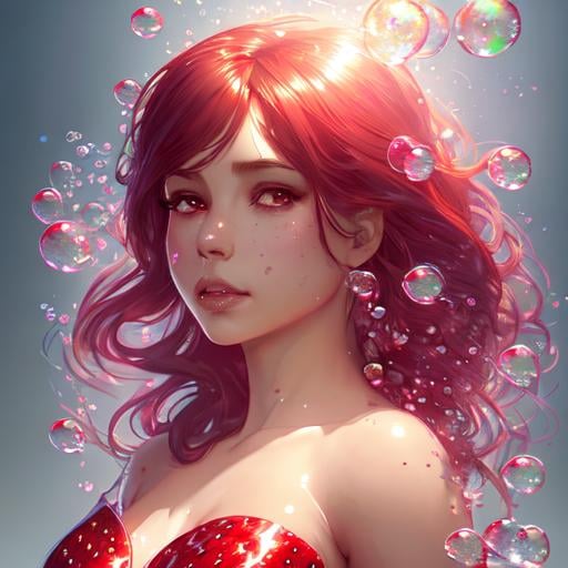 Prompt: Beautiful Woman Strawberry Theme, Strawberry Bubbles Woman, Bubbly Candy Dress, Iridescent Bubbles Gown portrait, 8k resolution concept art portrait by Greg Rutkowski, Artgerm, WLOP, Alphonse Mucha dynamic lighting hyperdetailed intricately detailed Splash art trending on Artstation triadic colors Unreal Engine 5 volumetric lighting