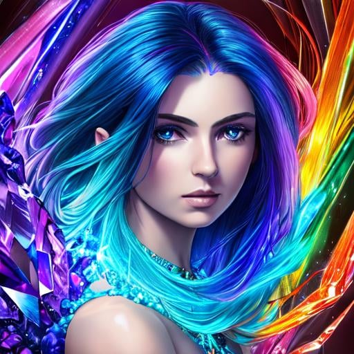 Prompt: 1girl, detailed background, multicolored hair, colorfull, (masterpiece:1.4), blue crystal, crystal:1.4, blue lightning:1.4,