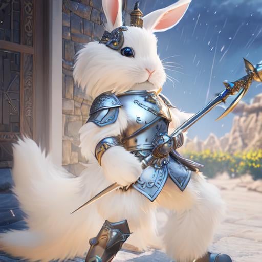 Prompt: adventurous rabbit in leather armor wielding a rapier and shield highly detailed, fine complex micro-details, 8k, volumetric lightning, ethereal light, extremely detailed, octane rendering, hyperrealistic, unreal engine