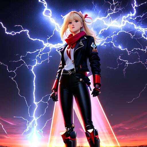 Prompt: UHD, hd , 8k, anime,  hyper realism, Very detailed, zoomed out view, standing, blonde female with robot arms and hands, she wears a red bandana, she wears a blue trench coat, black shirt, black pants, black boots, is summoning lightning 