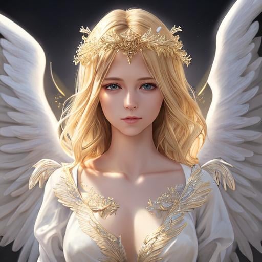 Prompt: Angel, beautiful face, detailed face, blonde, shining, holy light background, wide white wings, full body, mythical, fantasy, elegant, hyperrealism, highly detailed, intricate detailed,dynamic lighting, 4K, HD.